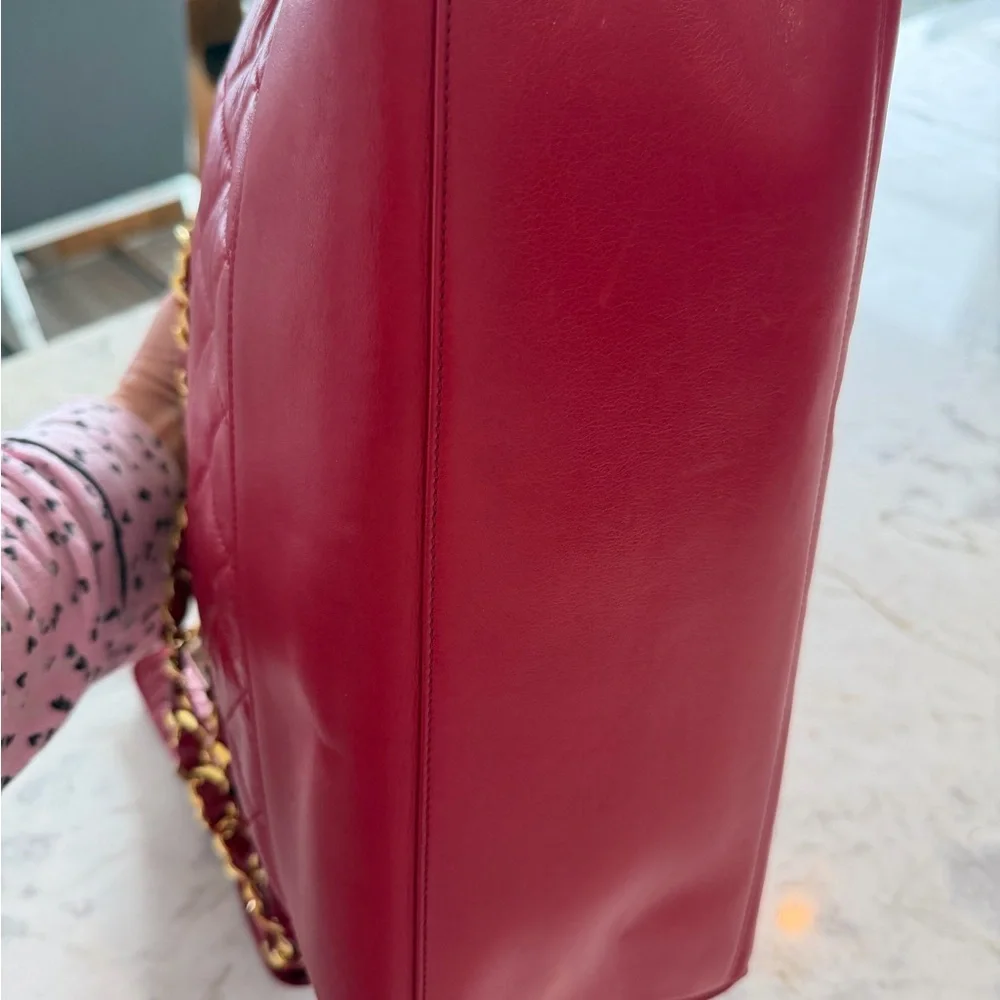 Chanel Red Quilted Chain Tote Bag with Gold Harware